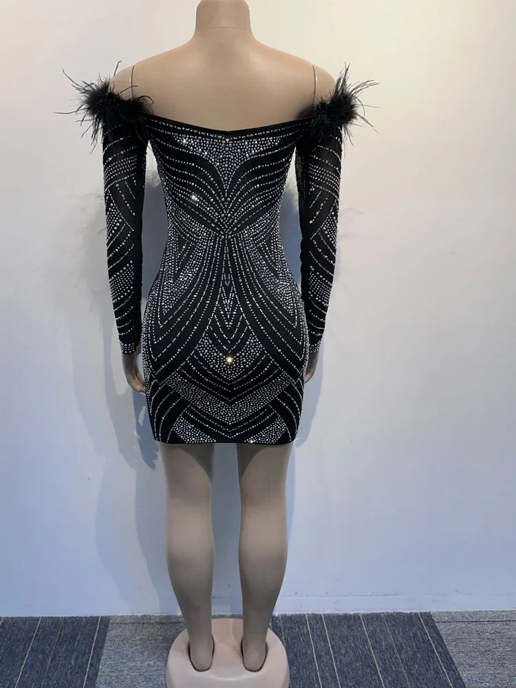 Luxury Woman Evening Dress Chic Feather Shoulder Black Rhinestone Studded Birthday Cocktail Dress Celebrities Outfits