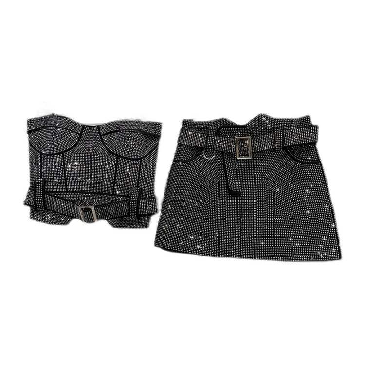 Summer Female Shiny Rhinestone Splice Sexy Strapless Women's High Waist Belt Designer Mini Short Skirts