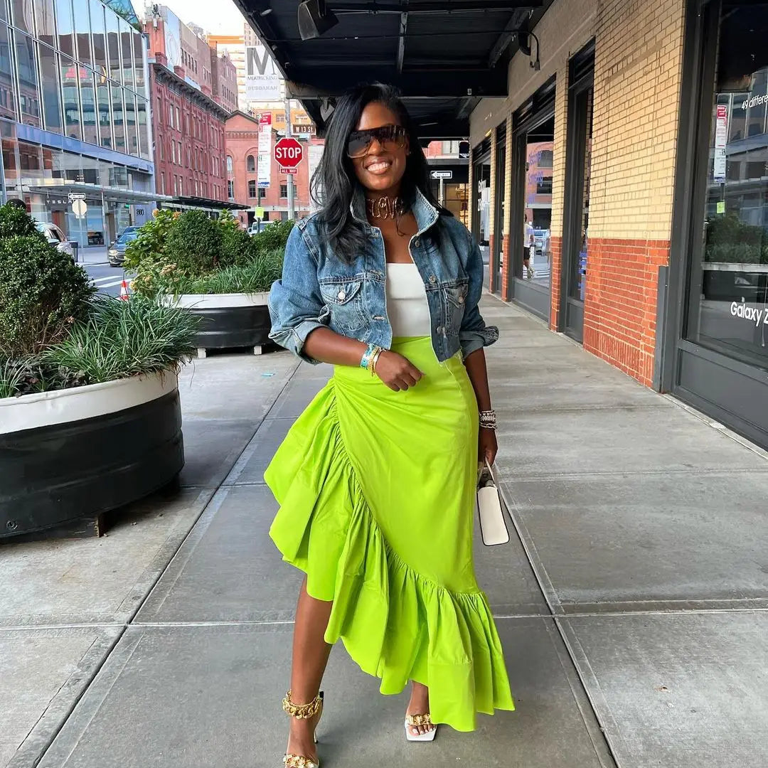 CM.YAYA Women Ruffles Hem Asymmetrical High Waist Maxi Long Skirt 2022 Autumn Winter Streetwear INS Fashion Skirts