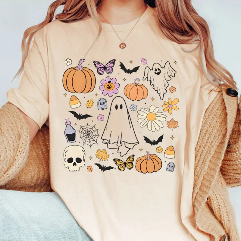 Ghost Print T-shirt, Halloween T-shirt, Short Sleeve Crew Neck Leisure T-shirt For Spring & Summer, Women's Clothing Beige