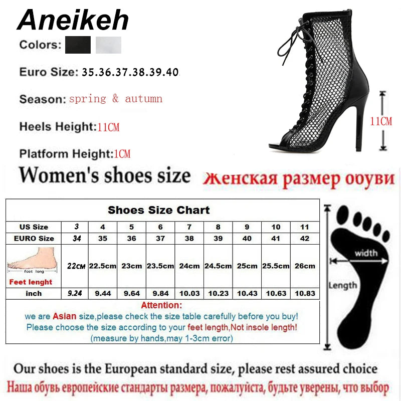 Fashion Women Ankle Boots Hollow Out Mesh High Heels Shoes Woman Lace-Up Open toe Sexy Sandals Boots Mujer Black White