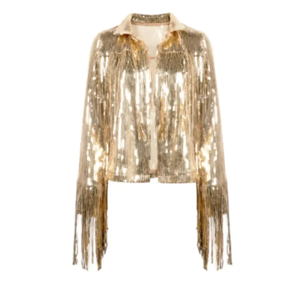 Tassel Sequin Jacket Autumn Winter Streewear Rock Bf Retro Long-sleeved Silver Reflective Coat Women Outwear Tops Gold