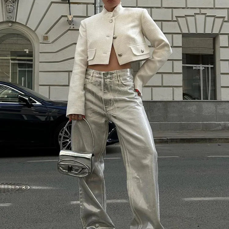 TRAFZA Women New Fashion Silver High Waist Cargo Pants Vintage Pocket Decoration Elegant Casual Loose Woman Shiny Trousers Y2K