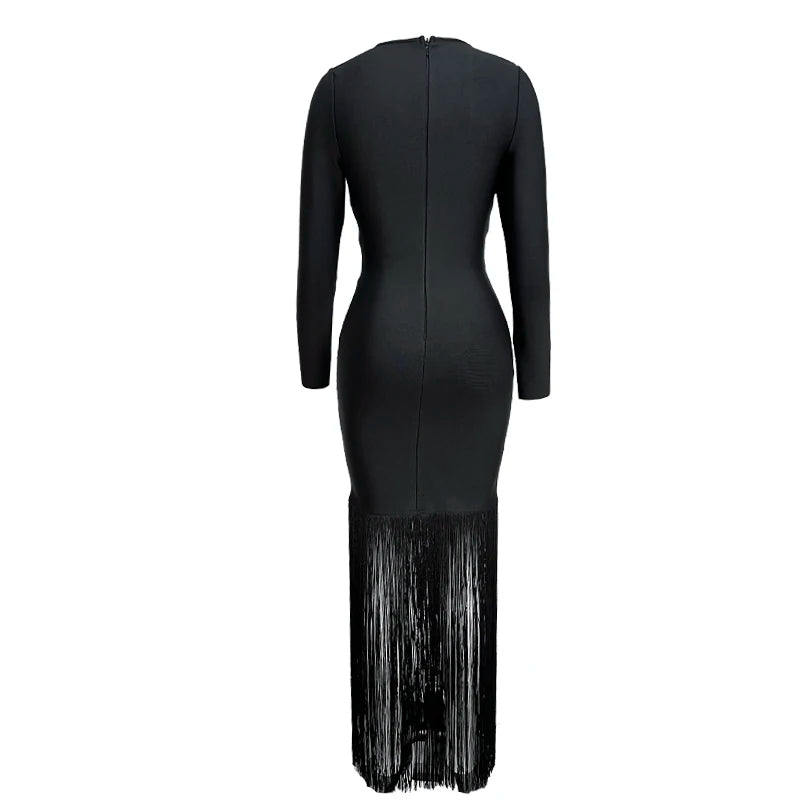 Vestido longo feminino preto rosa com manga comprida, gola quadrada, borlas, justo, bandagem, boate, festa, comemoração