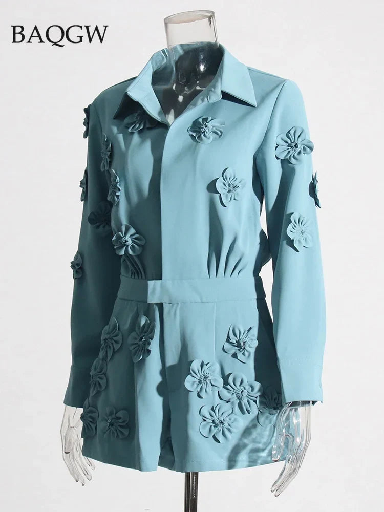 Floral Spliced Designer Casual Jumpsuits for Women Lapel Long Sleeve High Waist Temperament Office Lady Fashion Rompers Jumpsuit