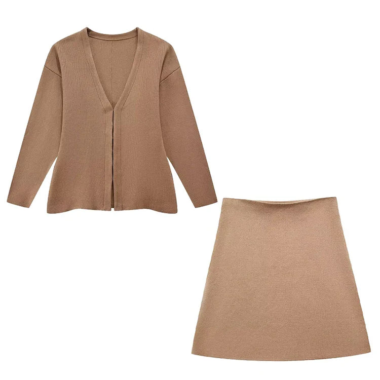 TRAF Spring Women's Suits Solid Grey V-Neck Long Sleeves Cardigan Coat +High Waist Knitted Mini Skirts Female 2 Pieces Sets