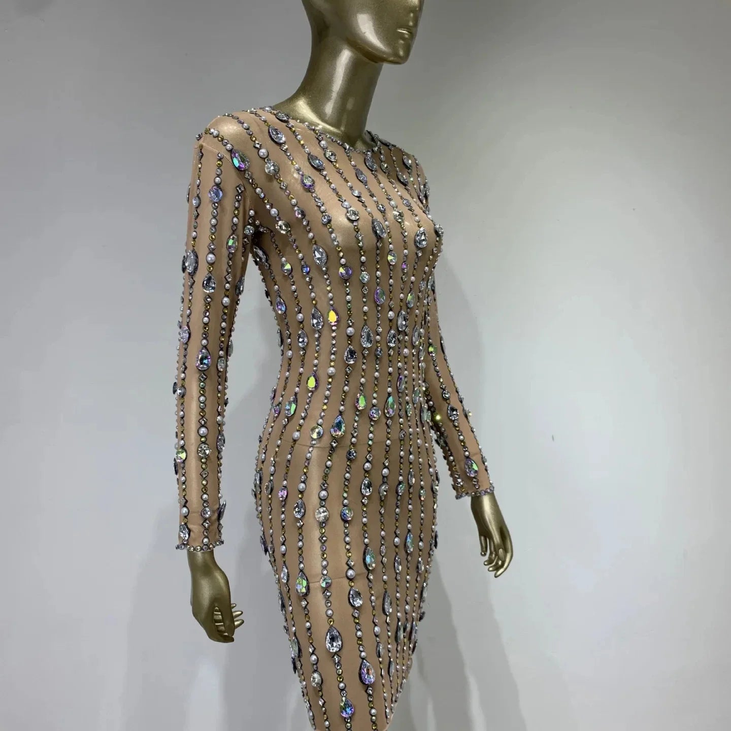 Stock Women Luxury Sexy Mesh Crystal Diamonds Beading Mini Dress Birthday Party Costume Bar Nightclub Stage Performance Clothing