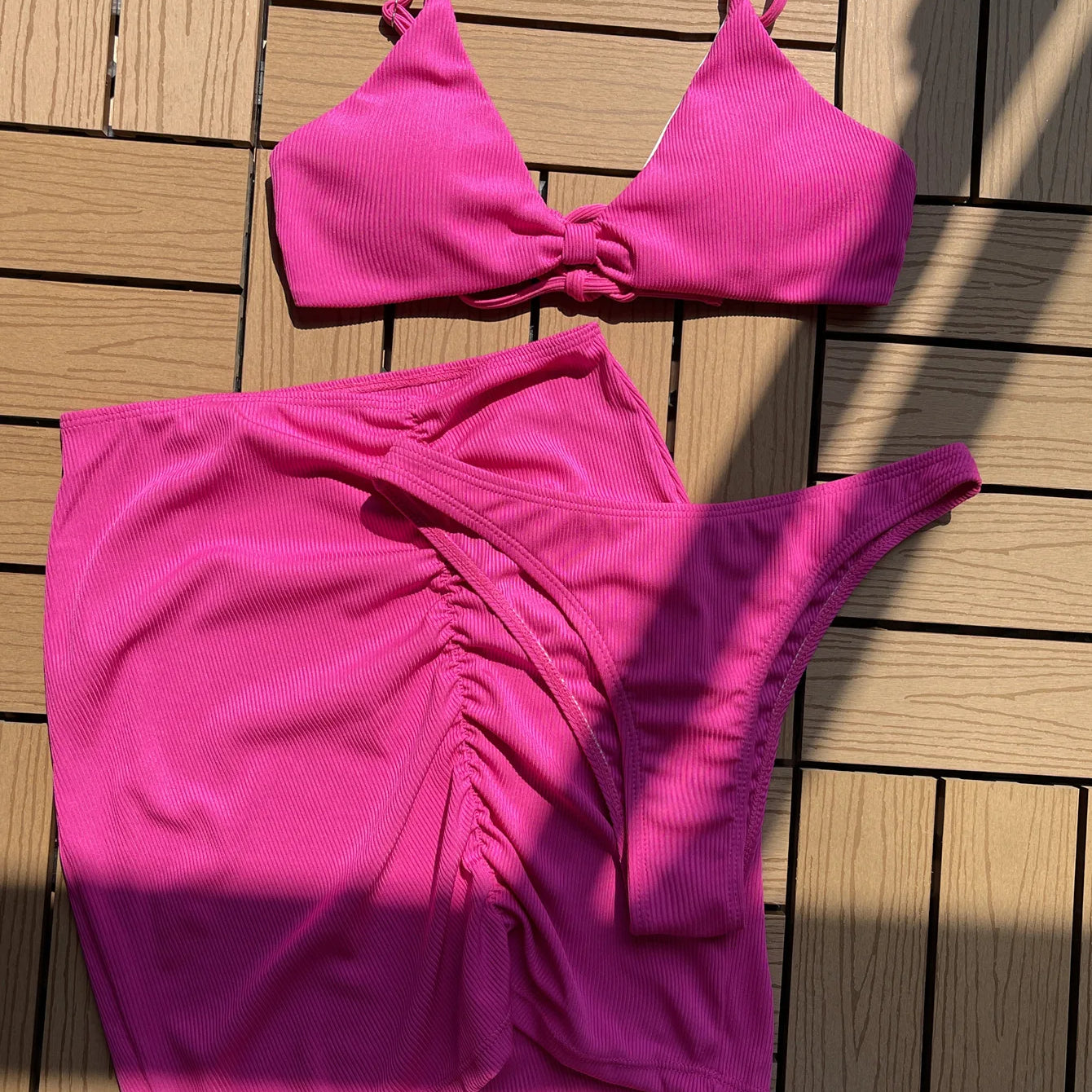 Women's Swimsuit 3-piece Solid Bikini Dress Feminine Bikinis Women's Two-piece Swimsuit Backless Bikini Set Bathing Suit SW250-rose