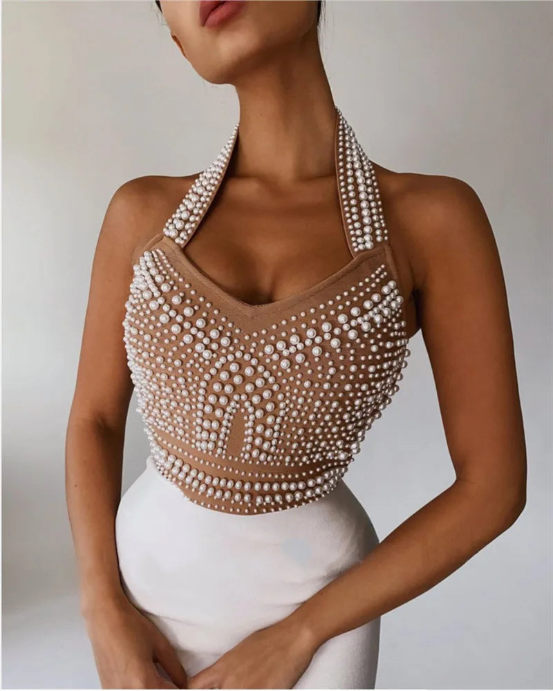 2023 Exquisite Pearl Beading Halter Bodycon Knee Lenght Dress Graceful Woman Hips Package Bandage Dress Evening Party Vestido