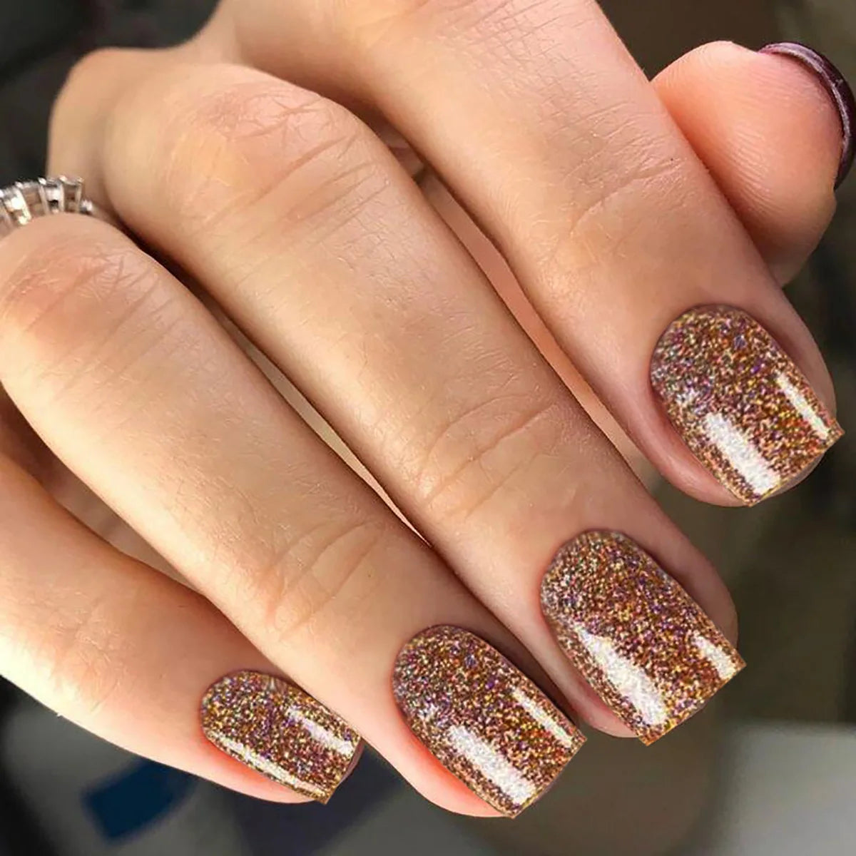 24pcs/set short square fake nails super flash glitter UV nail tips black blue green pink gold faux ongles press on false nail