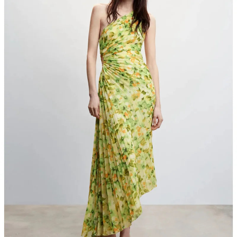 Summer Chic and Elegant Woman Maxi Dress White Ruffle Pleated Sexy Sleeveless Party Long Robe Luxury Evening Formal Clothes Small floral