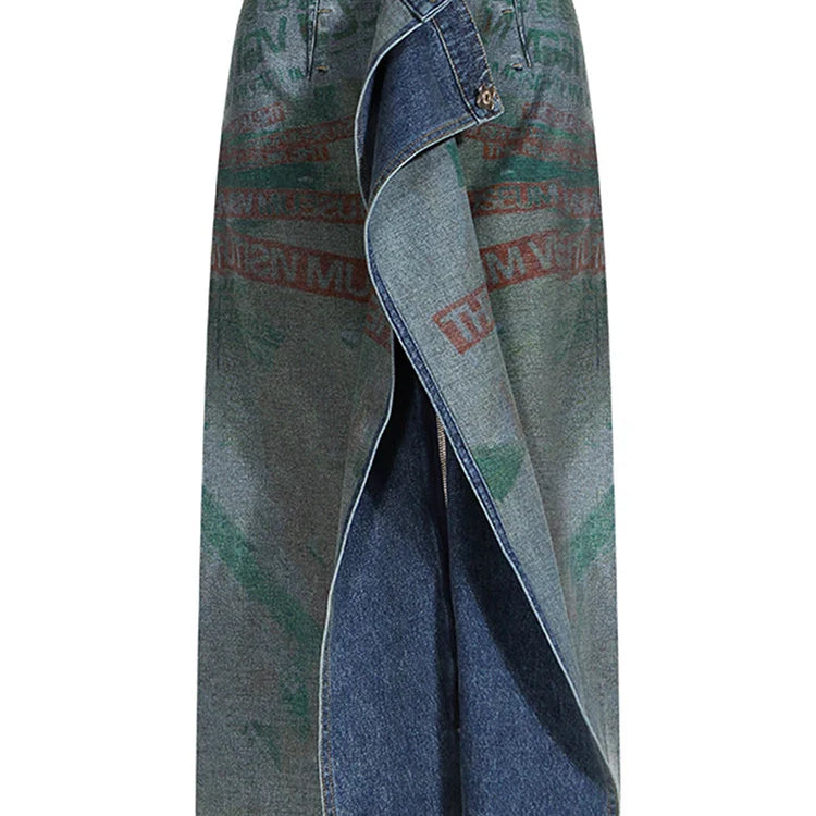 DEAT Fashion Women's Denim Skirt Double-sided Irregular Print Washed Zip Spliced Mid-calf Cotton Skirts Autumn New 7AB224