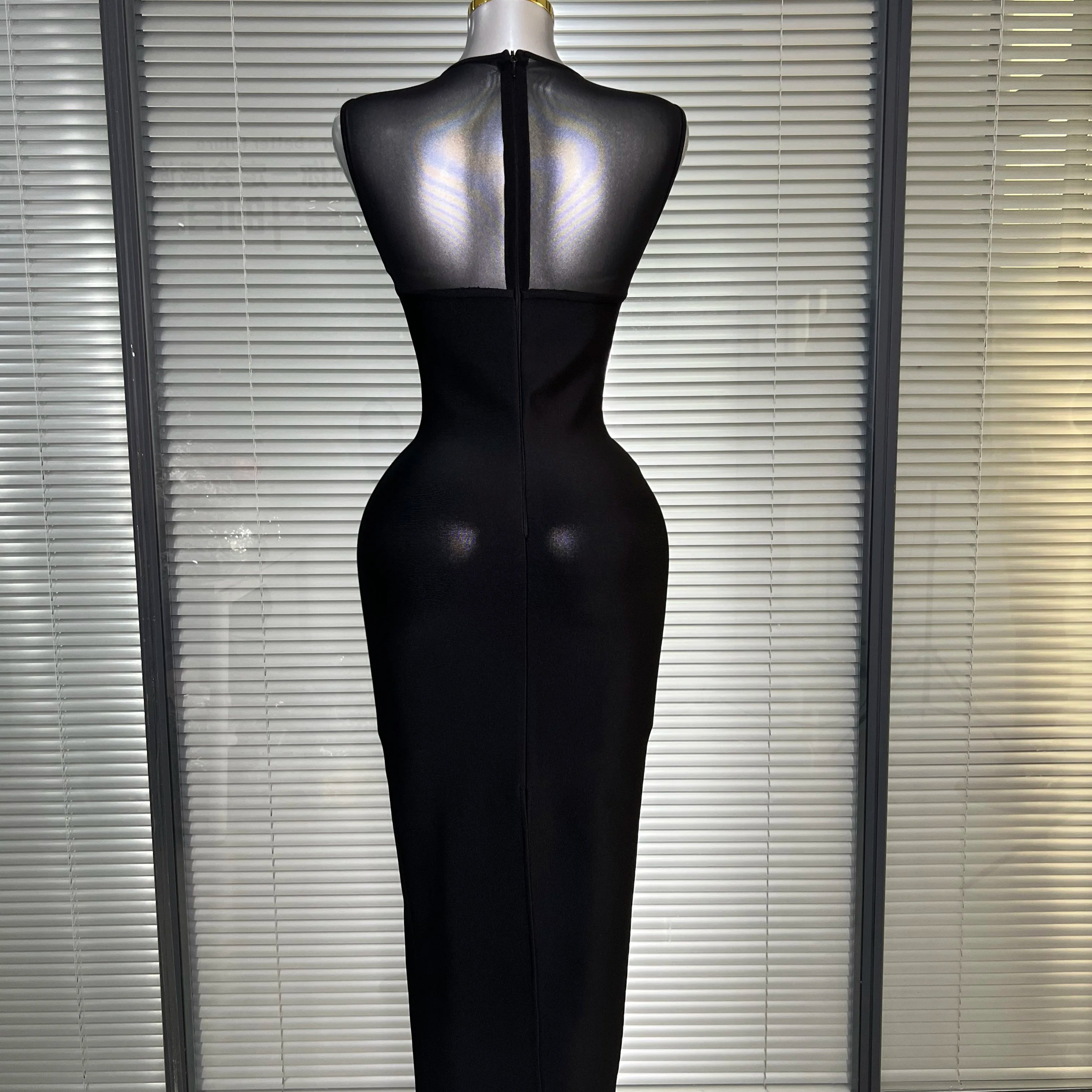 Ins New Women Black White Long Bodycon Bandage Dress Knitted Mesh Tank Evening Party Dress Vestido