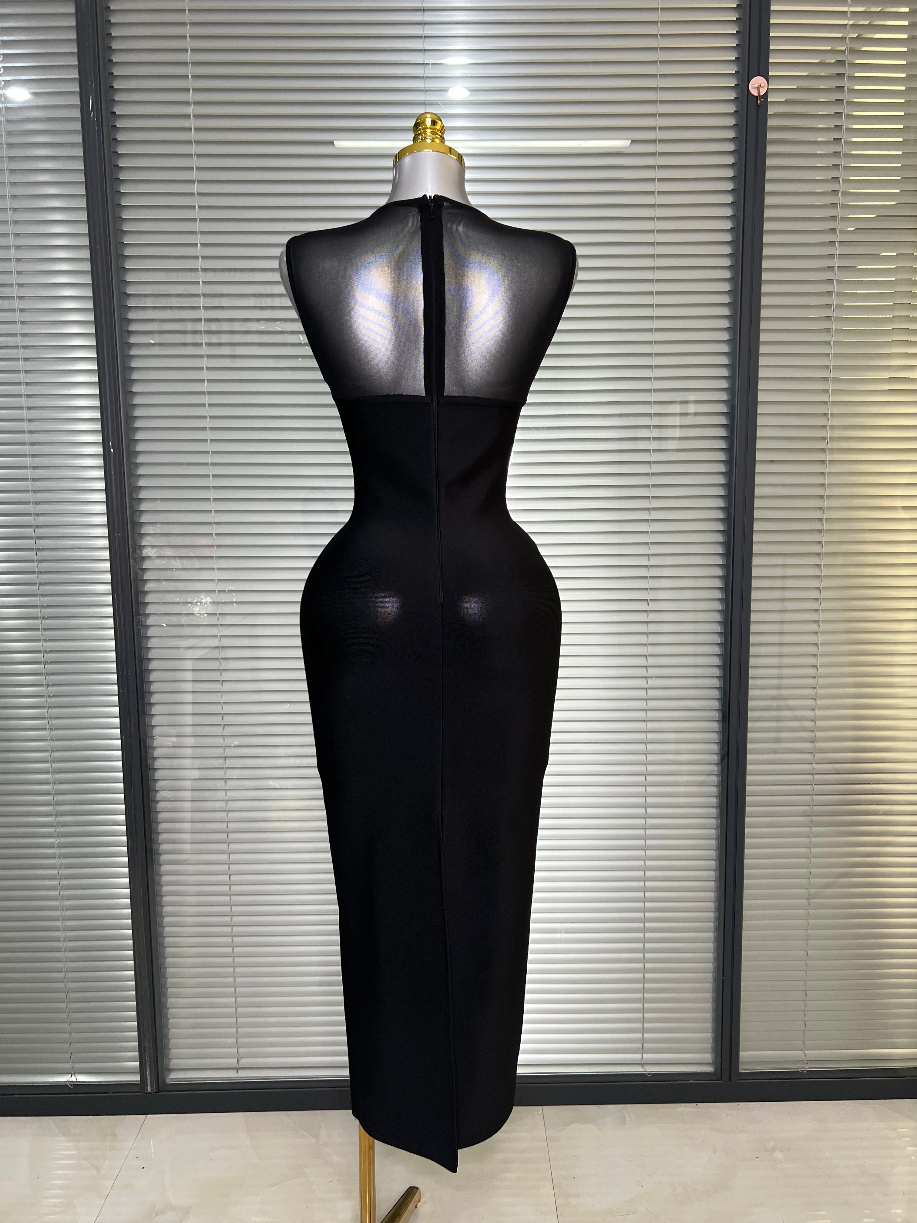 Ins New Women Black White Long Bodycon Bandage Dress Knitted Mesh Tank Evening Party Dress Vestido