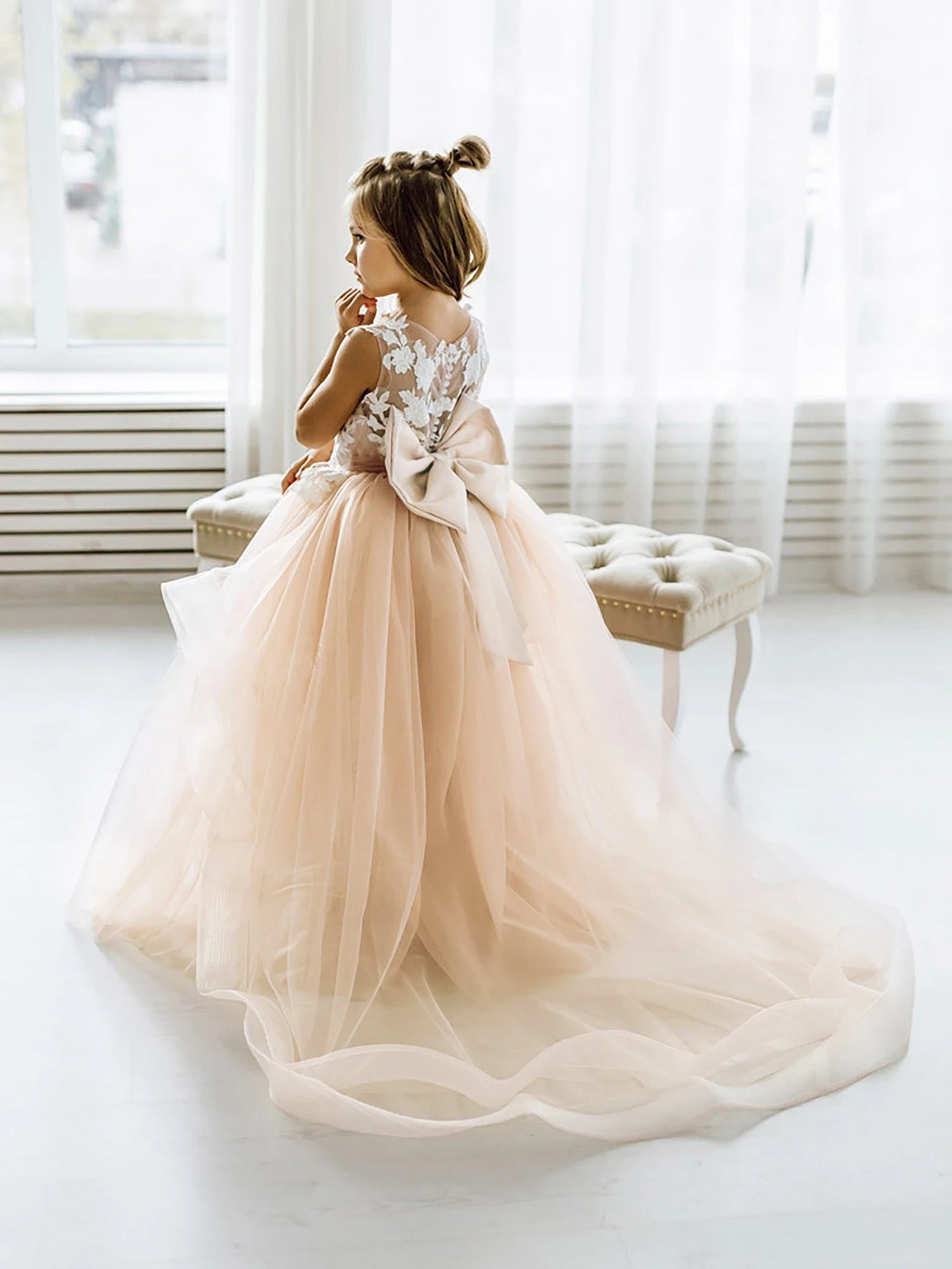 2-14 Years Lace Tulle Flower Girls Dress Princess for Kid Child Wedding Party Junior bridesmaid Maxi Ball Gown Evening AS Pic MC2309