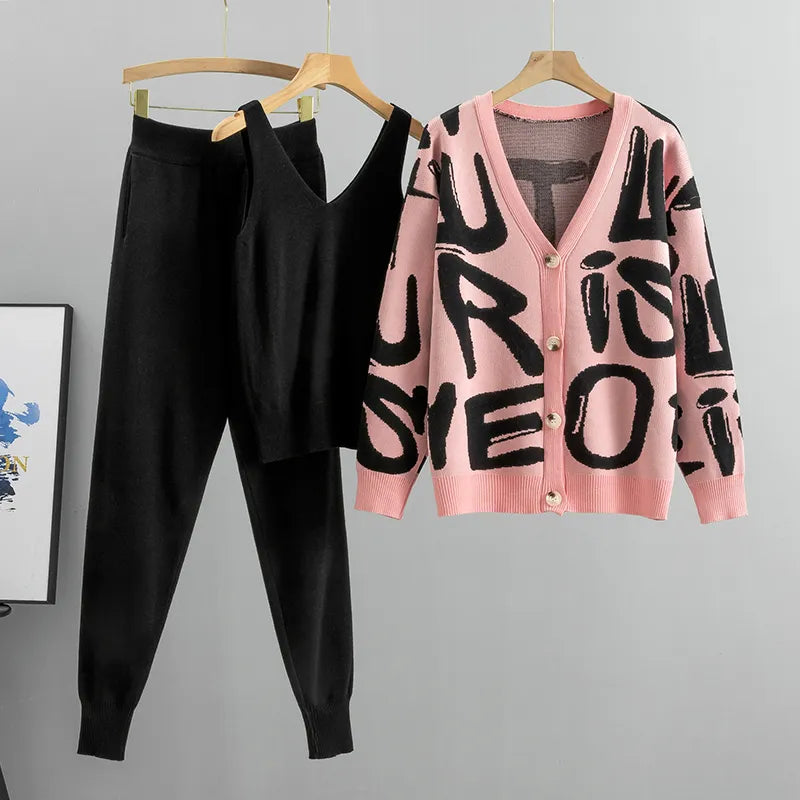 Spring Autumn 3 Piece Women Cardigan Tracksuits Fashion Knitted Pocket Pant Set Ladies Sweater Suit European Fashion Outfits Pink One Size