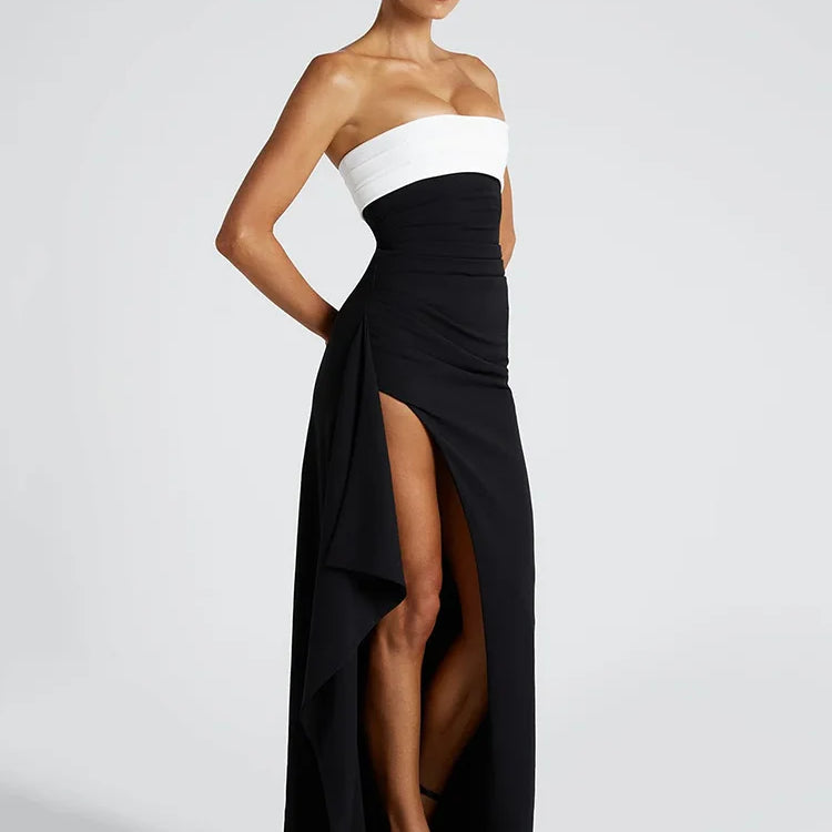 Off-shoulder Strapless Sexy Maxi Dress For Women Contrast Color Patchwork Sleeveless Backless Thigh High Split Dress