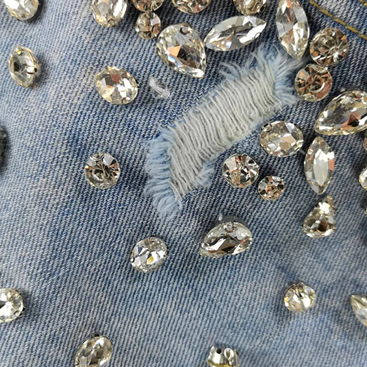 Women's Short Jeans High Waist Distressed Diamonds Tassel Loose Wide Leg Luxury Denim Shorts Autumn Fashion