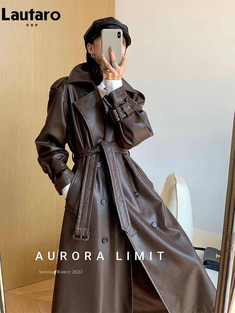 Spring Autumn Long Loose Brown Pu Leather Trench Coat for Women Belt Double Breasted American and European Fashion 2023