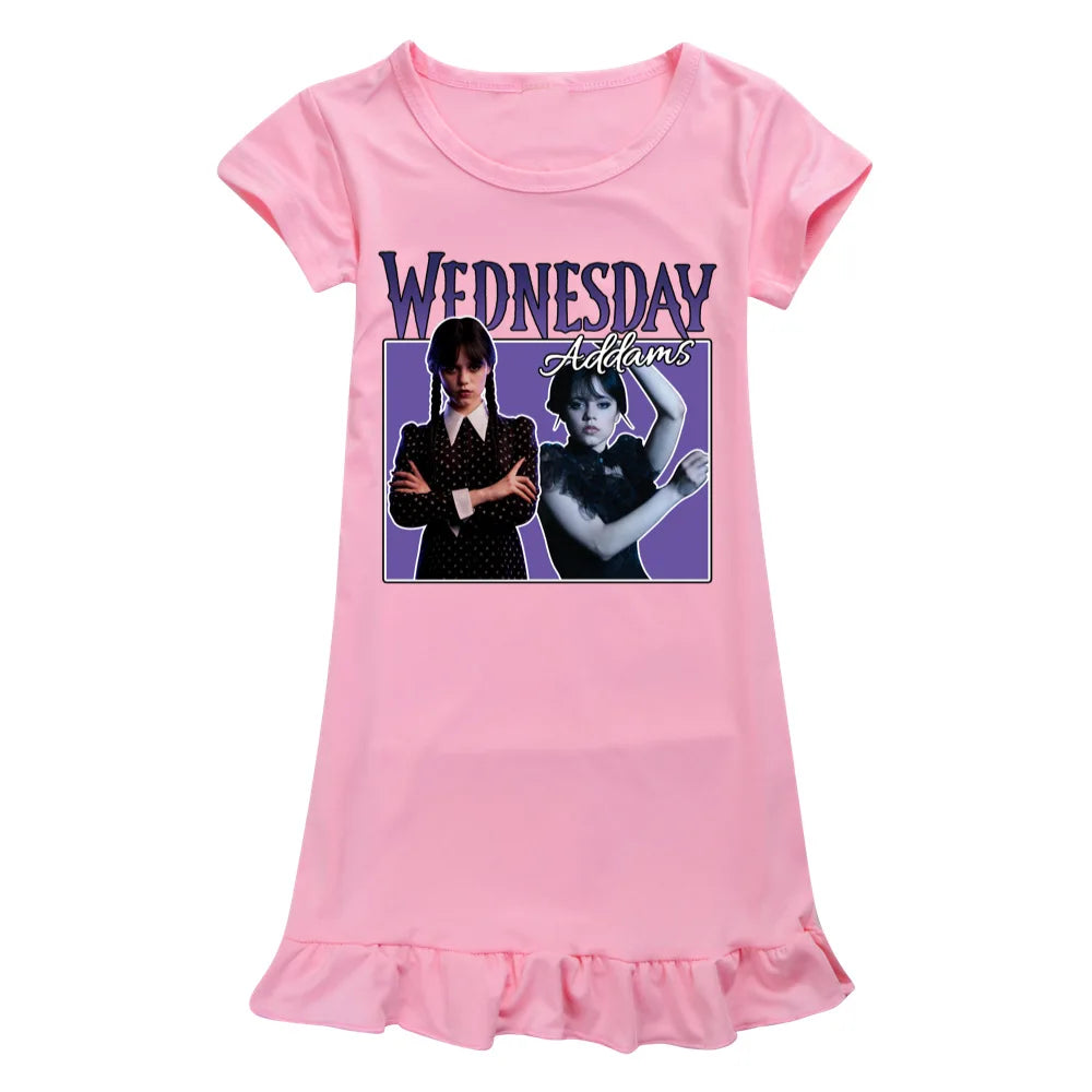 Summer Fashion Wednesday Addams Costume Kids Casual Dress Toddler Girls Short Sleeve Dresses Children A-line Party Sundress