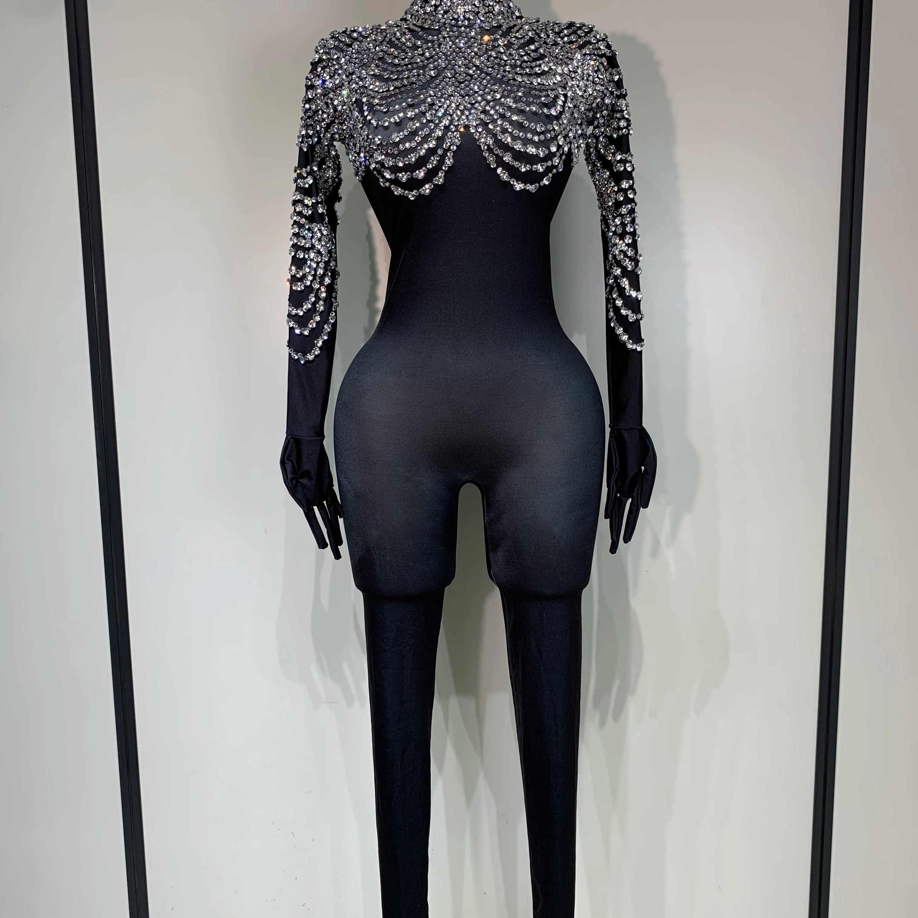 Stock Women Sexy Nightclub Evening Party Drag Queen Singer Dancer Stage Performance Costume Luxury Rhinestone Stretch Jumpsuit