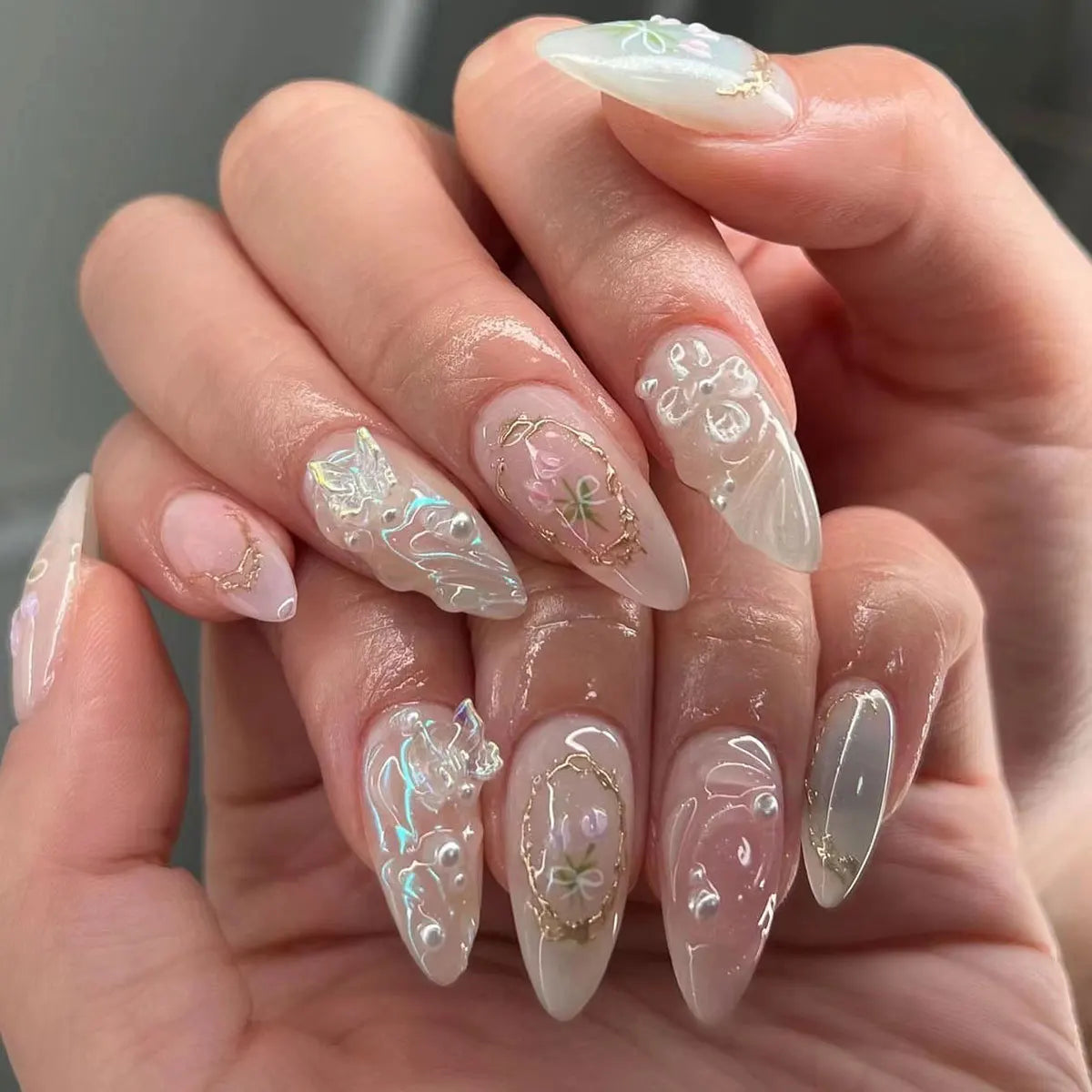 24Pcs 3D Bow French Press on Nails Set with Almond Design Long Stiletto Y2k Fake Nail Art Blue Wearable French False Nails Tips