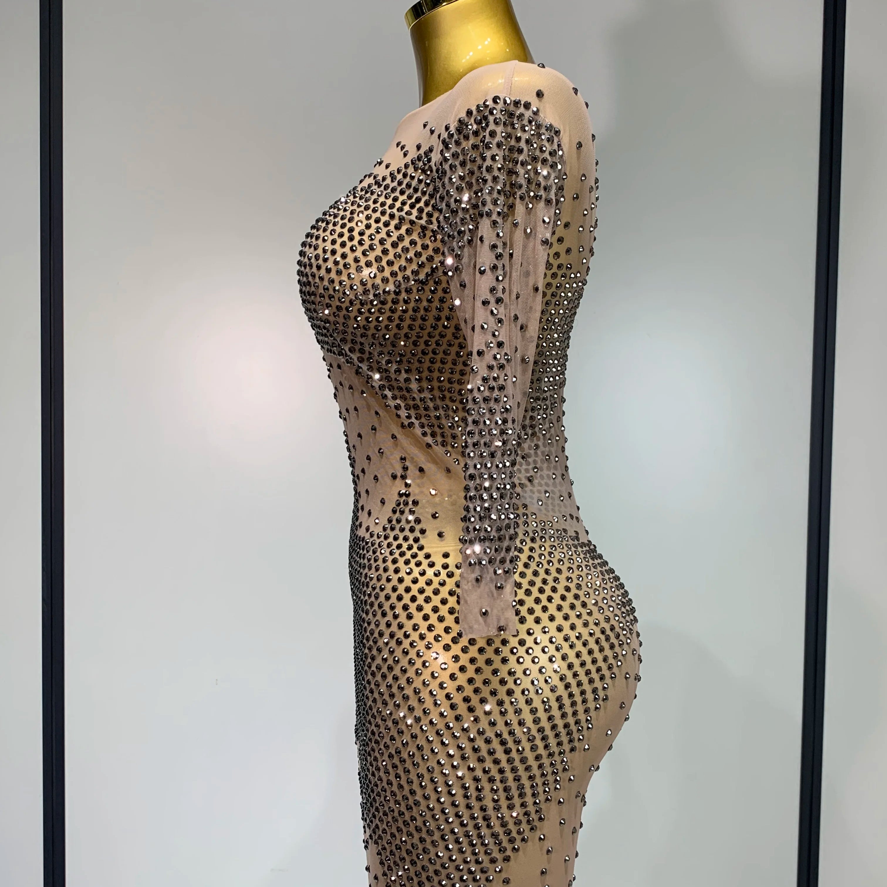 Luxury Birthday Rhinestones Half Sleeve Transparent Mini Dress Women 2025 Sexy Mesh Stretch Performance Celebrity Stage Wear
