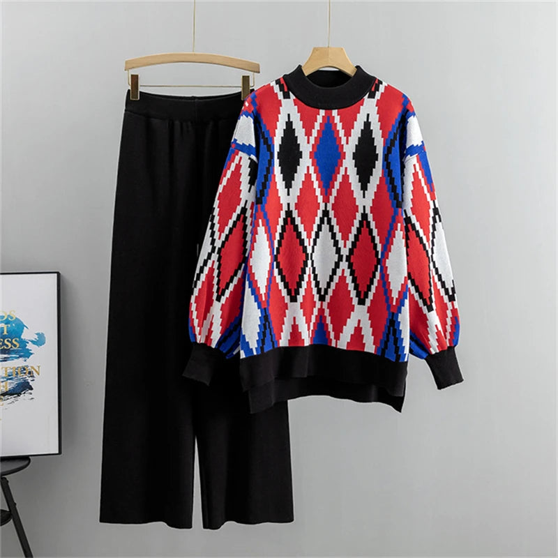 Printing Thick Warm O-neck Argyle Pullover Sweater Wide Leg Pants Autumn Winter Two Piece Set Womens Streetwear Loose Pants Sets black