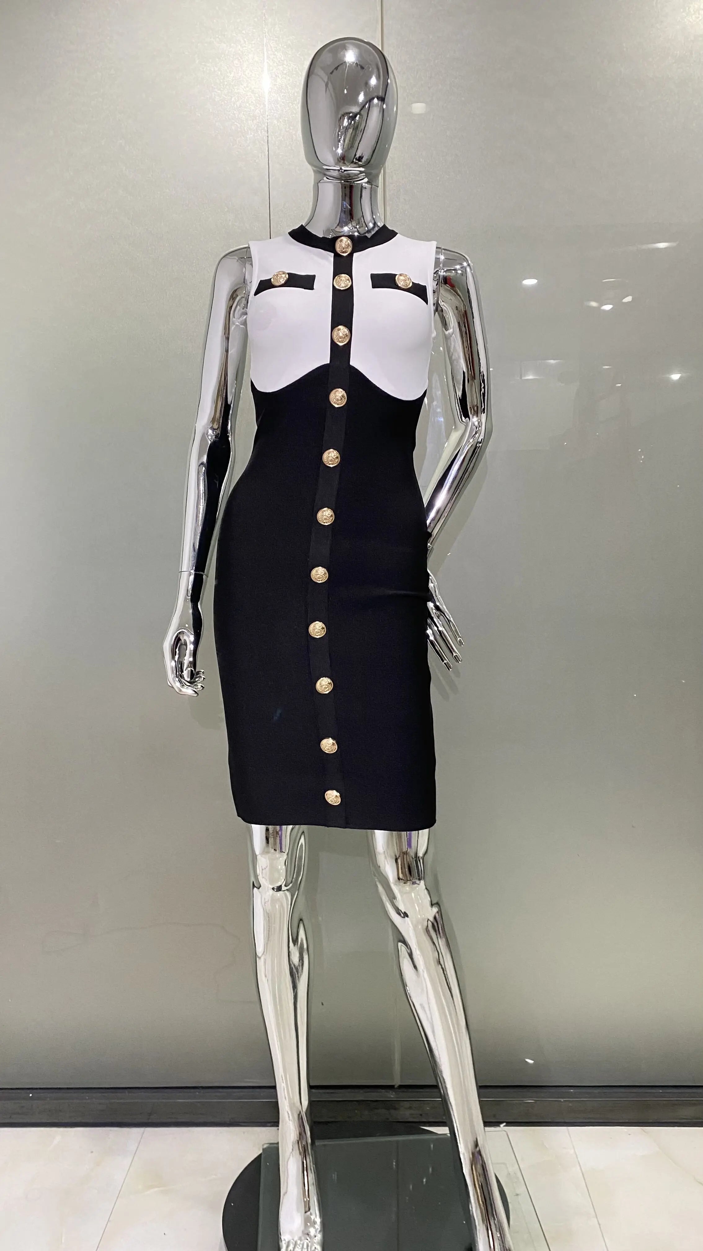New Arrivals Fashionable Women's Bandage Set Golden Buttons White Patchwork Black Coat And Sleeveless Bodycon MIini Dress