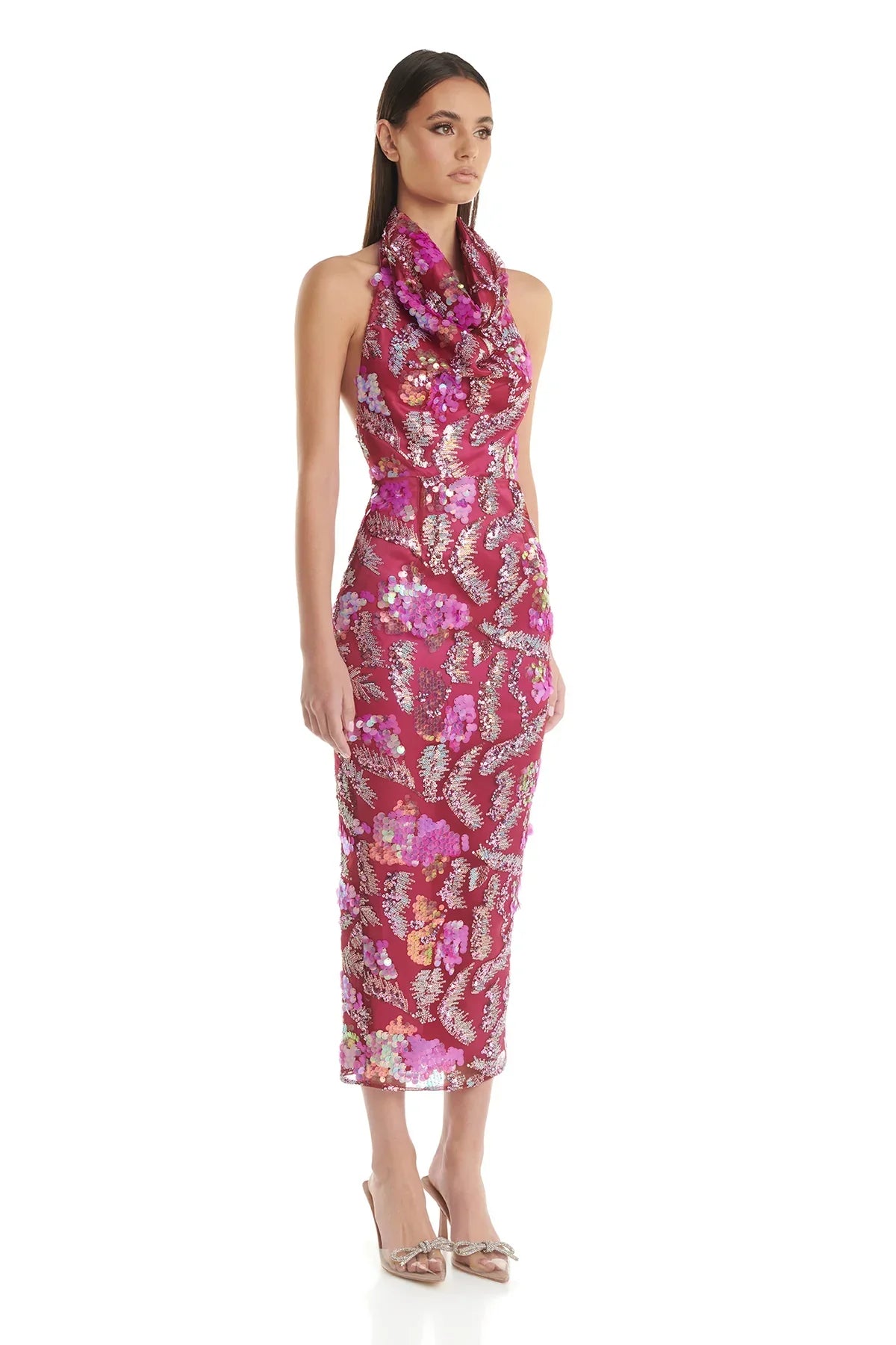 Rosered Women Sexy Halter Backless Sequins Embroidery Bodycon Long Dress Evening Party Fashion Birthday Outfit