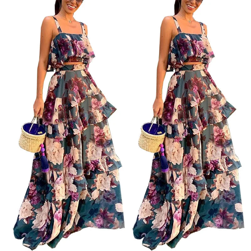 Summer Sexy Sleeveless Suspender Tops And Skirt Suit Fashionable Elegant Ruffled Dress Top Outfits Casual Party Two-piece Sets