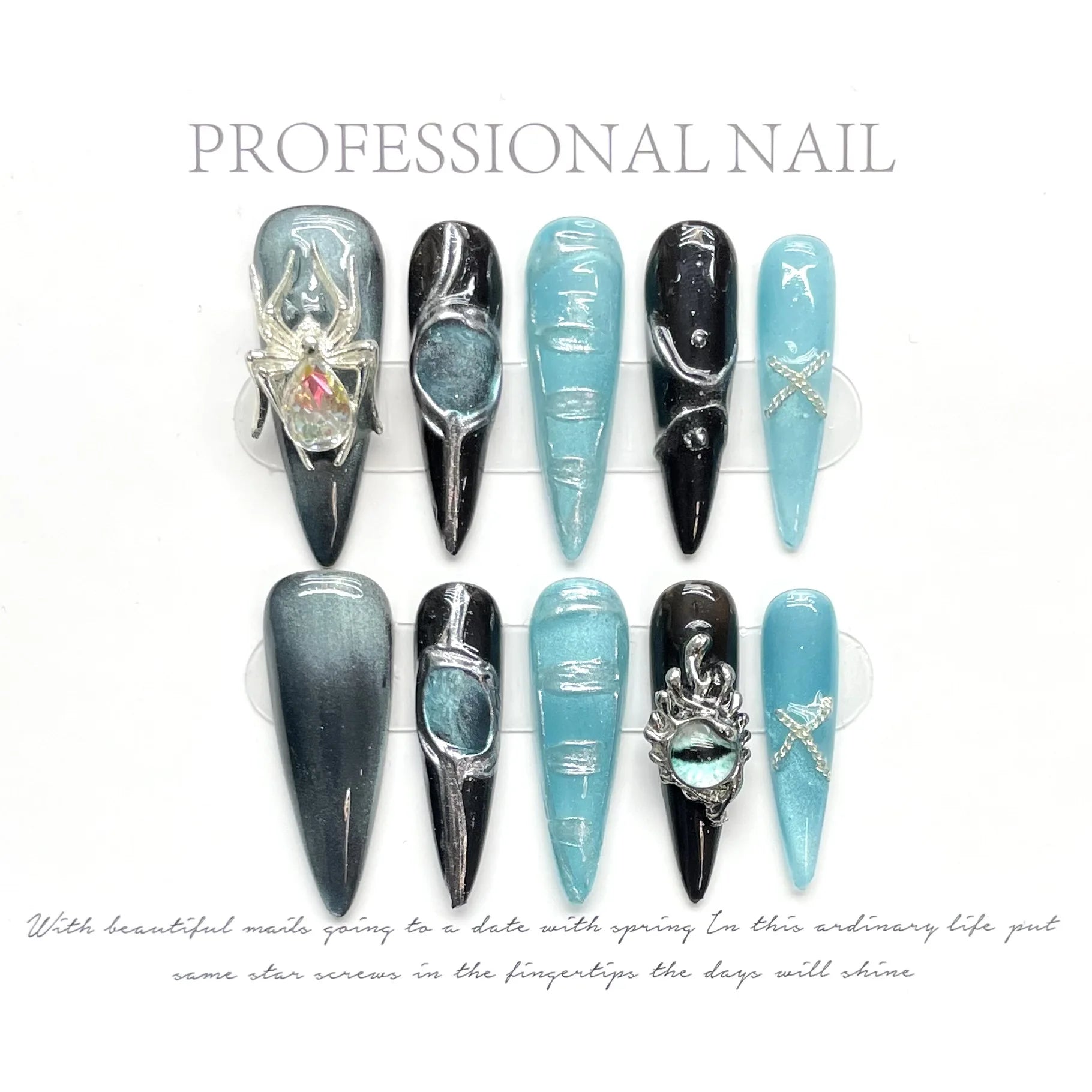 10 peças de pontas de unhas postiças Y2K longas, degradê, metal preto, coração, cruz, decoração, unhas de pressão, manicure DIY, legal e doce