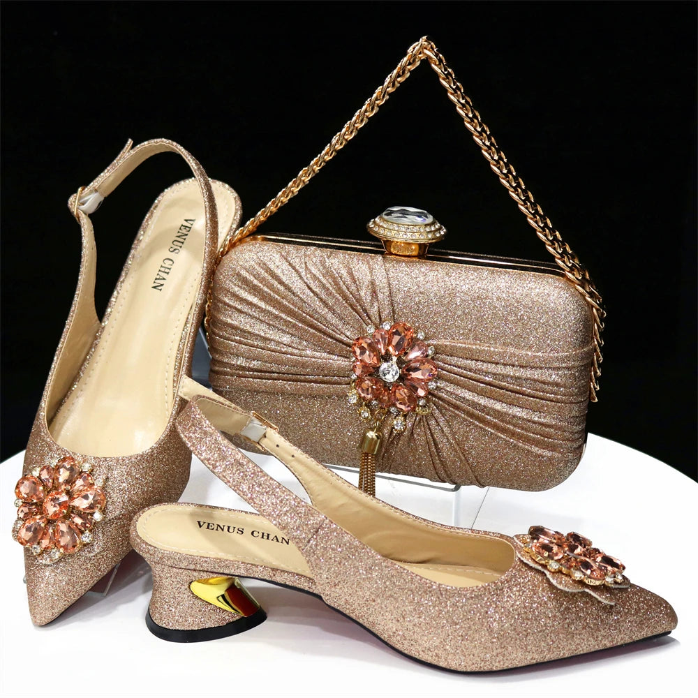 Striper Snake Pattern Rhinestone Flower Summer Shoes for Women Sandals Shoes and Bag for Party Champagne