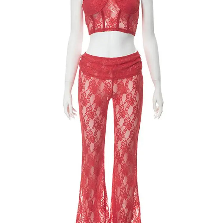 Habbris Spring Strapless Bodycon Crop Top Pants Sets Party Club Outfit For Women 2023 Sexy Red Lace Sheer 2 Two Piece Pants Sets