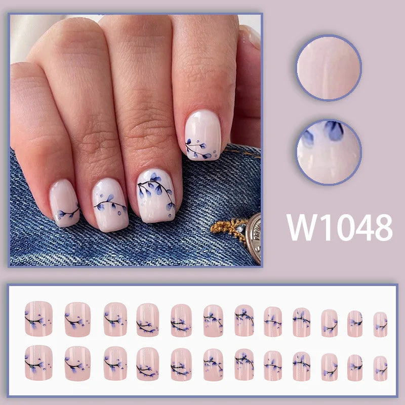 24pcs Simple Blue Flower Bud French Style Press on Nails Simple Nails Full Cover Wearable False Nails