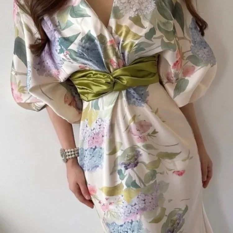 Women Elegant Floral Midi Dress Spring Vintage Japan Style Chic Bodycon Birthday Party Vestidos Female Fashion One Pieces Robe