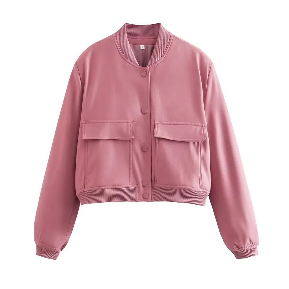 Women Fashion With Pockets Bomber Jacket Coats Vintage Long Sleeve Front Button Casual Female Outerwear Chic Tops as picture 7