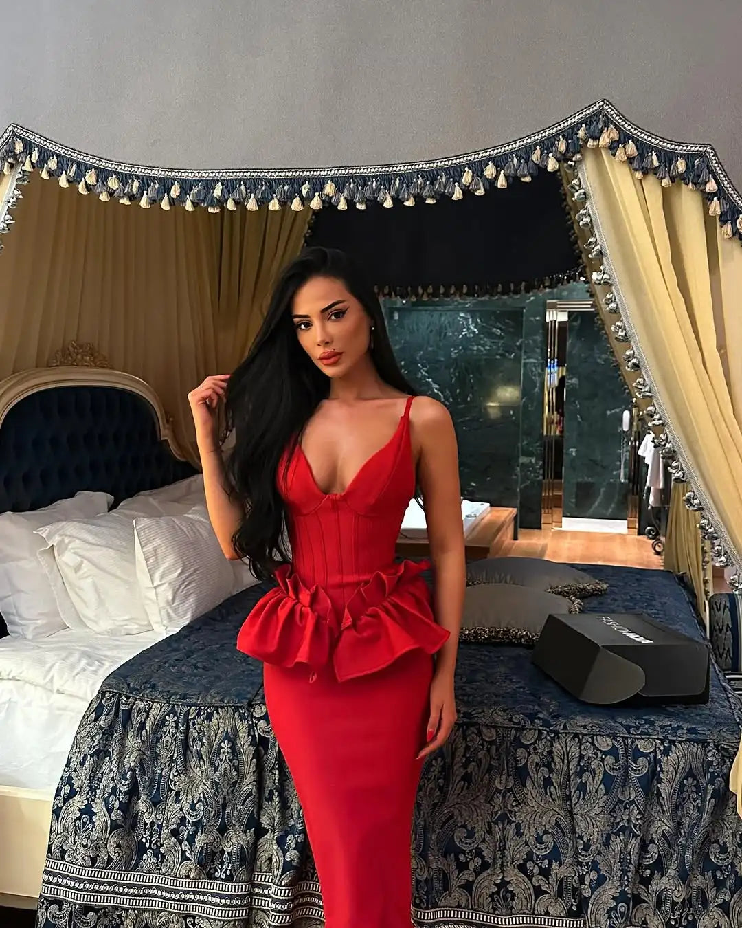 Valentine's Day Women Sleeveless V-Neck Ruffles Bodycon Long Bandage Dress Celebrate Evening Party Birthday Cocktail Dress