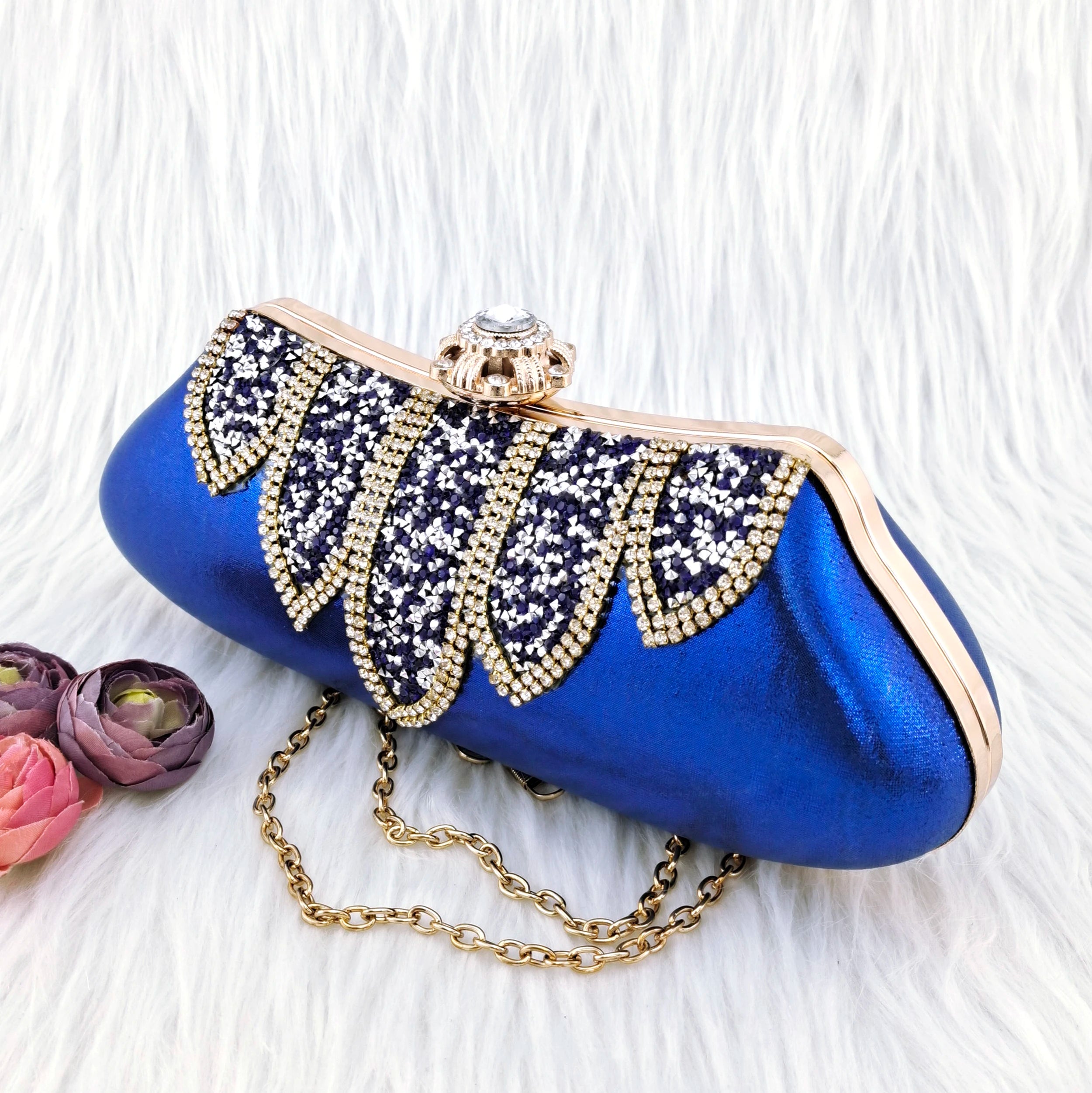 Fashion Handbags Party Bag Rhinestone Decoration Banquet Bag Moon Bag Royal Blue color