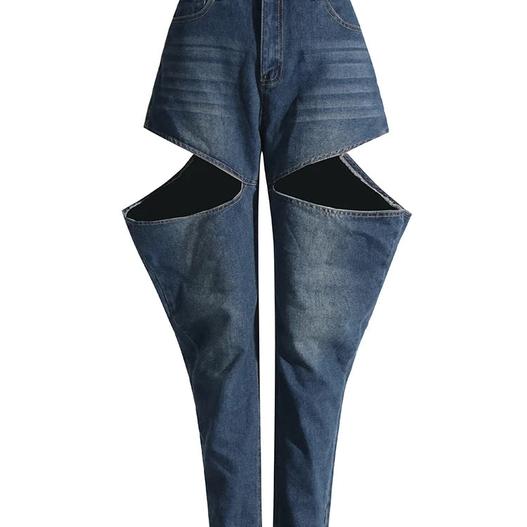Solid Hollow Out Casual Denim Trousers For Women High Waist Patchwork Pockets Streetwear Wide Leg Jeans Female Fashion