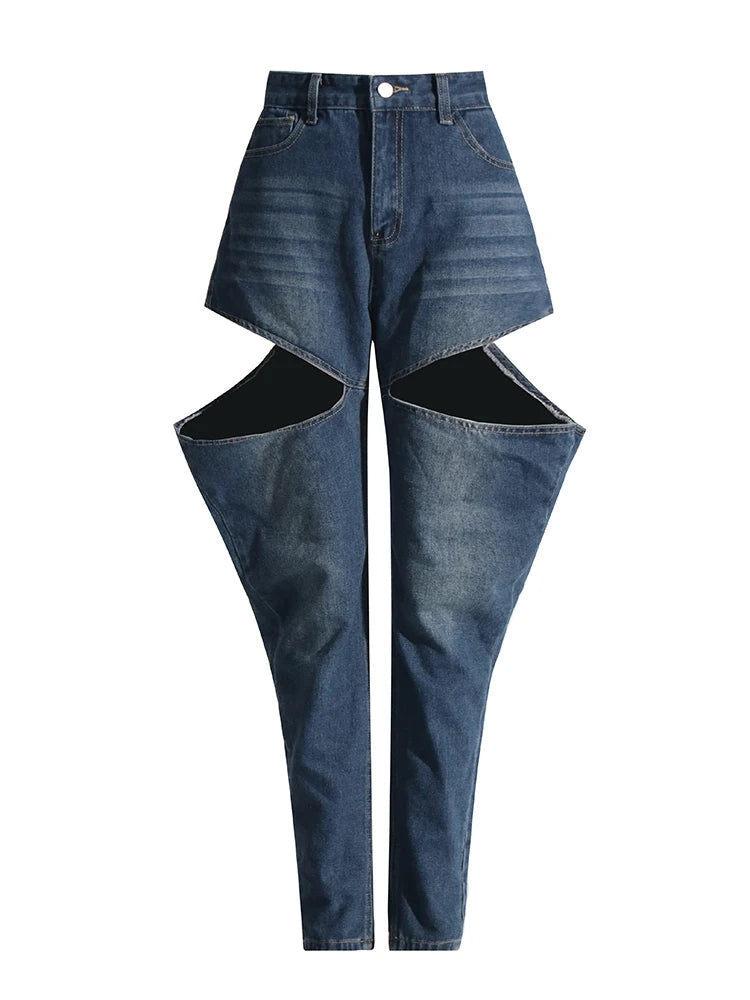 Solid Hollow Out Casual Denim Trousers For Women High Waist Patchwork Pockets Streetwear Wide Leg Jeans Female Fashion