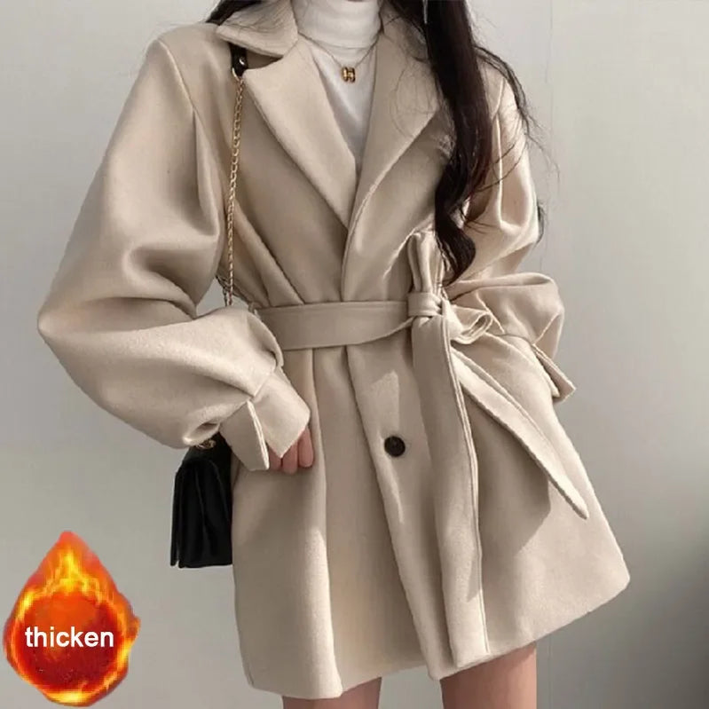 Thick Female Trench Warm Jackets Turn-down Collar Long Puff Sleeve Clothes Autumn Elegant Belt Coat Women Chic Midi Top B apricot