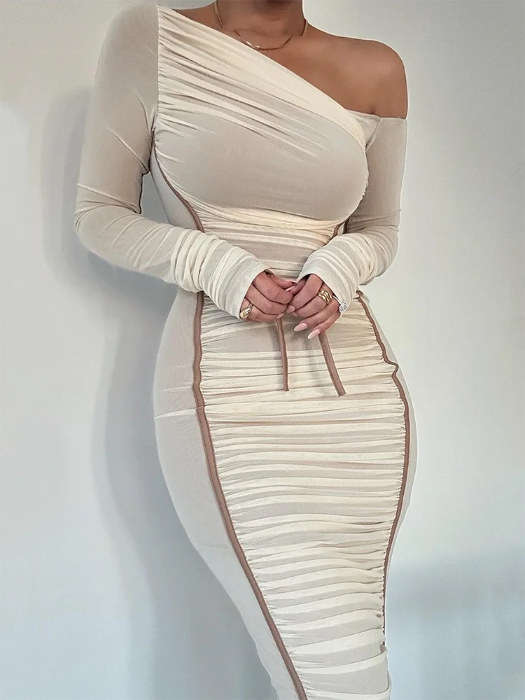 Mozision Diagonal Collar Long Sleeve Midi Dress For Women Two Layer Mesh Backless Ruched Bodycon Club Party Sexy Long Dress White