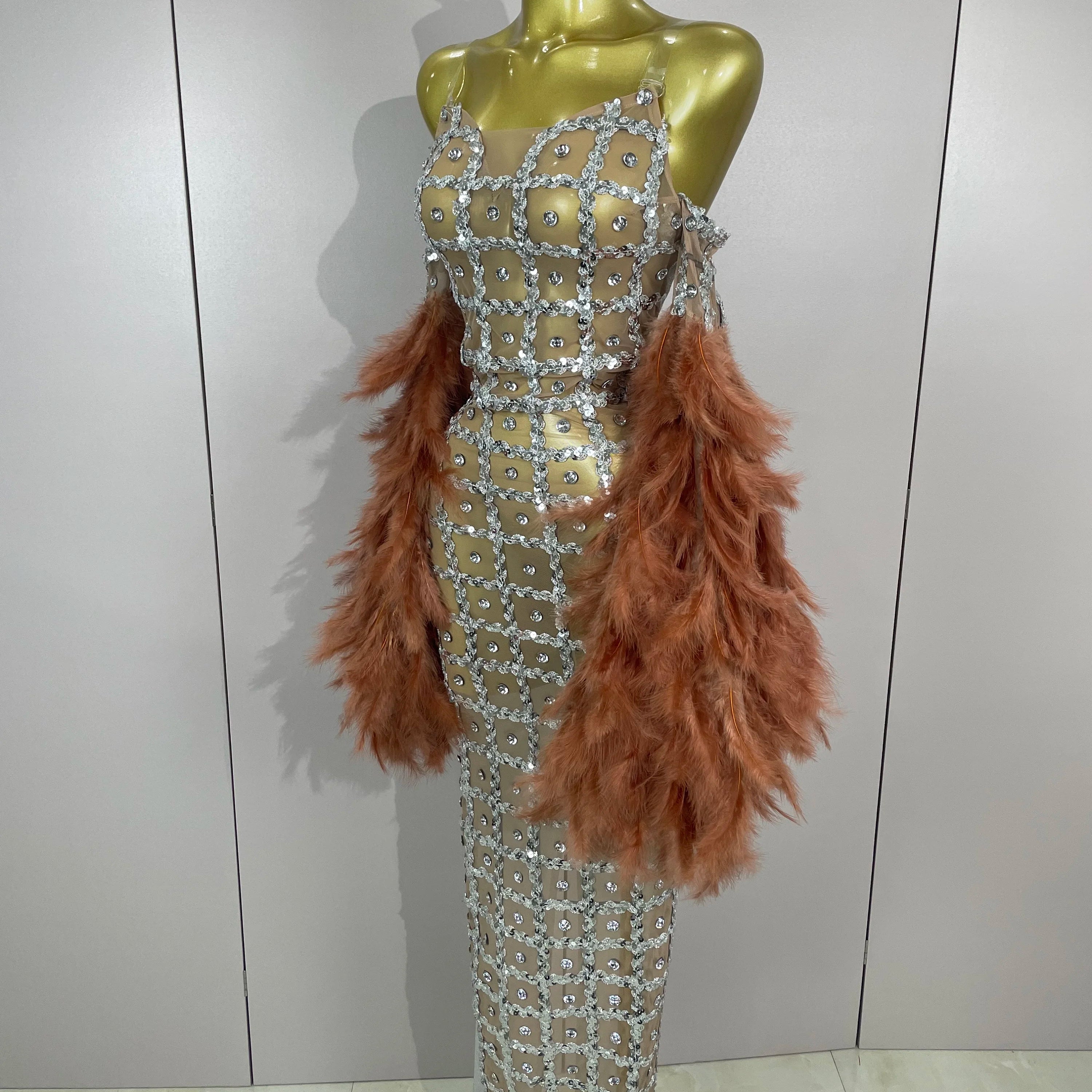 Luxury Sparkling Diamond Feather Mesh Tight Sexy Mesh Long Dress 2025 Women Birthday Party Nightclub Stage Performance Costume