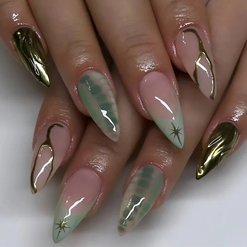 24Pcs 3D Fake Nail Long Almond False Nails with Flower Leopard Print Design Stiletto Detachable Nail Art Tips Press on Nails