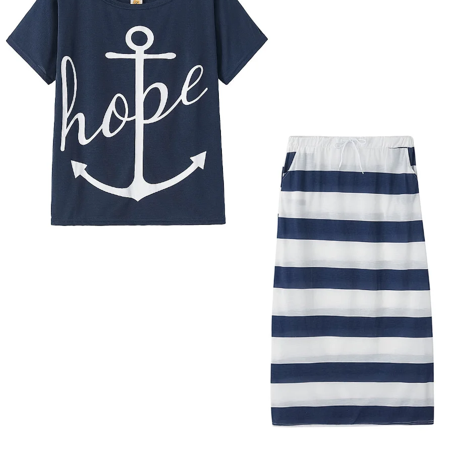 LW Plus Size matching sets Two Piece dress sets Letter Print Striped Skirt Set Fashion Casual Summer Tops+Bottoms Matching Outfi