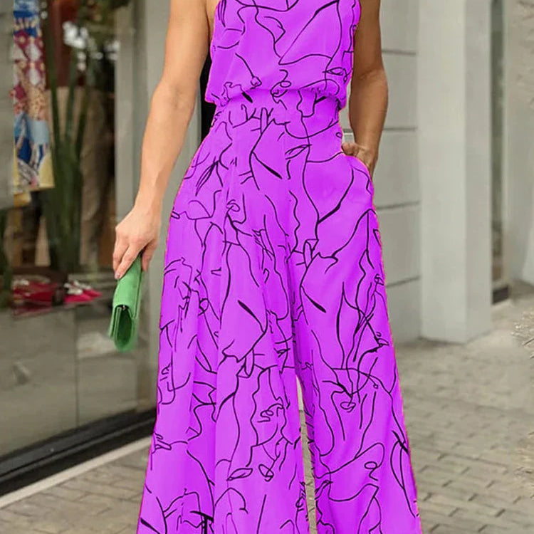 Women's Elegant Waist Halter Jumpsuit Casual Print Tie Sleeveless Wide Leg Long Pant Summer Clothing Purple