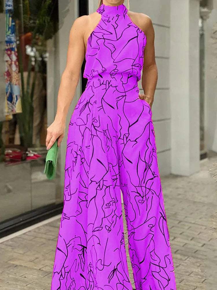 Women's Elegant Waist Halter Jumpsuit Casual Print Tie Sleeveless Wide Leg Long Pant Summer Clothing Purple