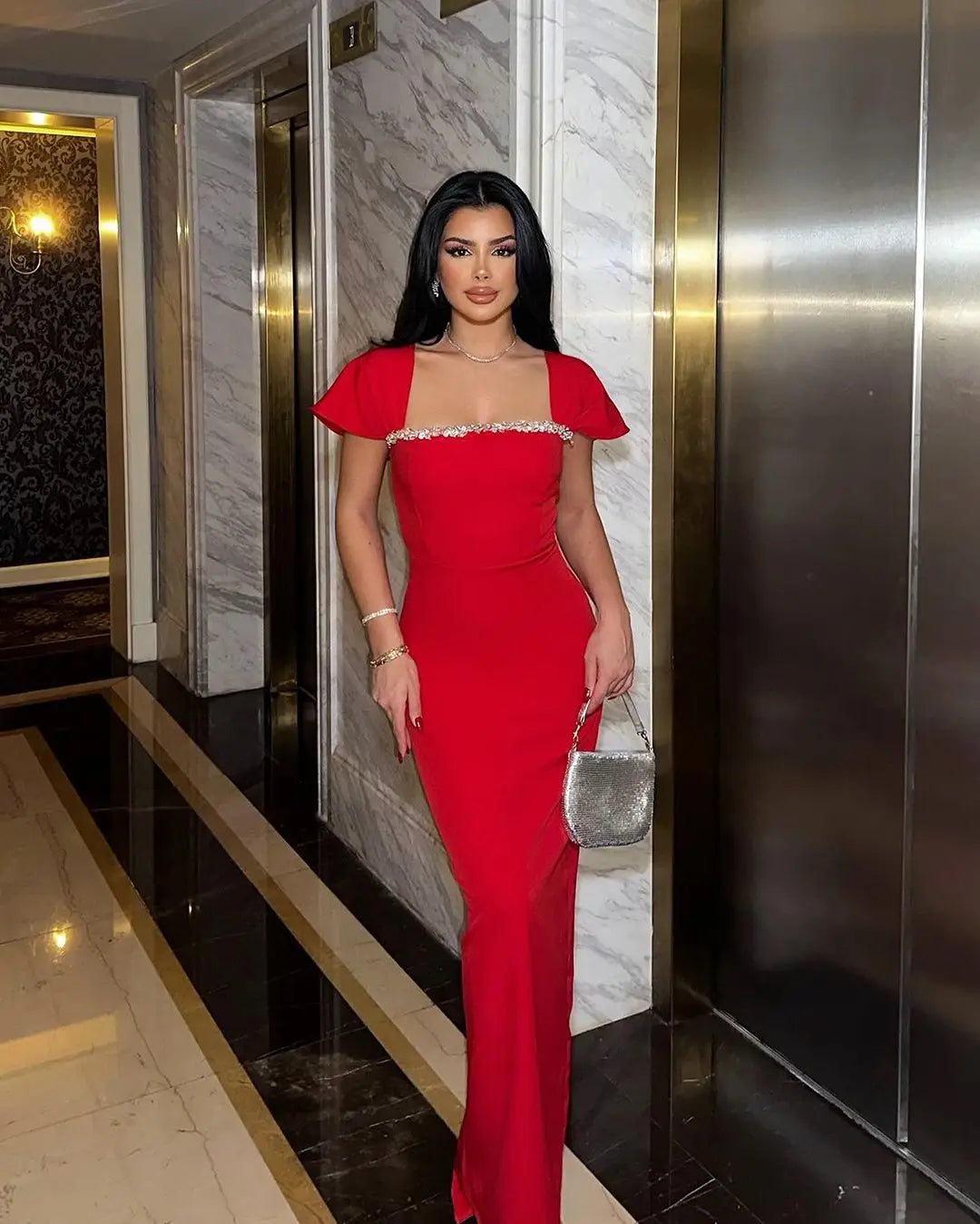 Red Black Women Sexy Square Collar Shinning Crystal Bodycon Bandage Long Dress Fashion Elegant Evening Party Celebrate Wear