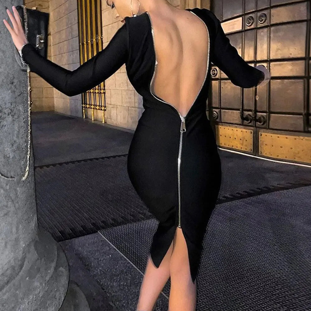 2024 Sexy Women's Dress Front and Back Wearable O-neck Long sleeved Bodycon Zipper Design Midi Dresses  Evening Party Vestidos